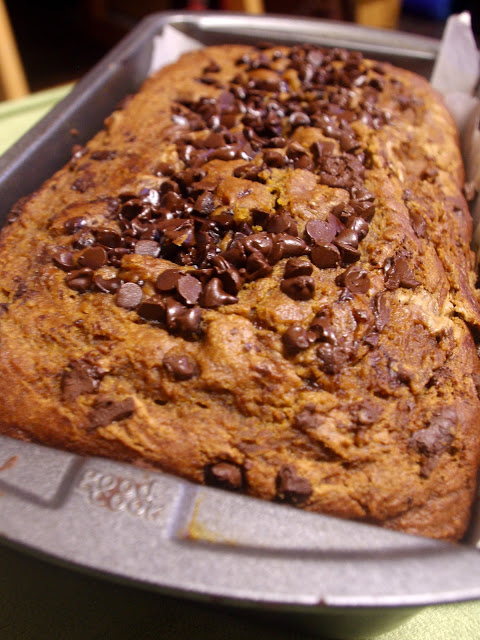 Biscoff Pumpkin Bread - pumpkin bread swirled with Bisxoff cookie butter and mini chocolate chips | www.thebatterthickens.com