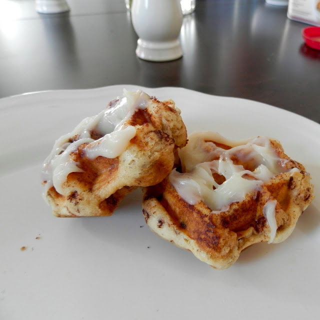 Cinnamon Roll Waffles - make these in a waffle iron and drizzle with homemade cream cheese "syrup" | www.thebatterthickens.com