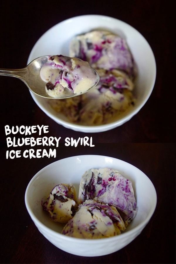 Buckeye Blueberry Swirl Ice Cream - creamy, rich peanut butter ice cream with a blueberry jam swirl, a PB&J in ice cream form #peanutbutter #icecream #churn #pbj | www.thebatterthickens.com