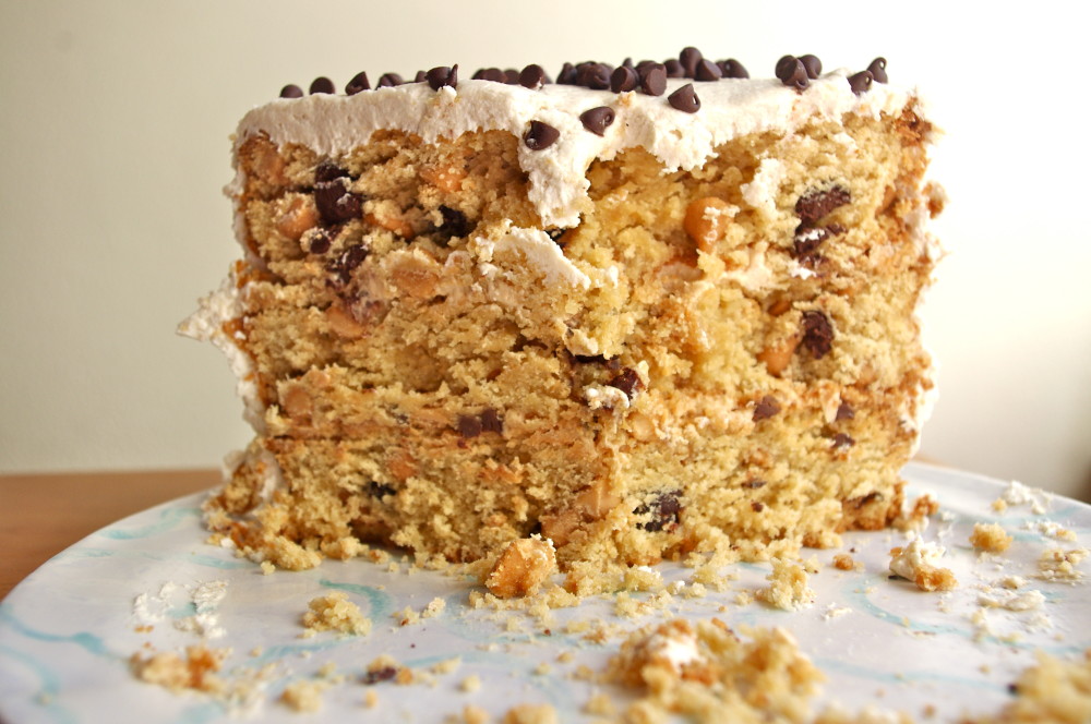 Peanut Butter Chocolate Chip Cookie Dough Cake - three layers of peanut butter cake with chocolate chips, covered in peanut butter cookie dough frosting, a peanut butter lover's fantasy #peanutbutter #chocolatechip #cookiedough #cake | www.thebatterthickens.com