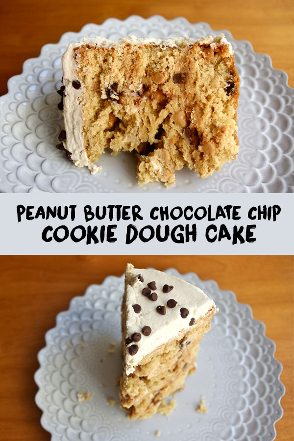 Peanut Butter Chocolate Chip Cookie Dough Cake - three layers of peanut butter cake with chocolate chips, covered in peanut butter cookie dough frosting, a peanut butter lover's fantasy #peanutbutter #chocolatechip #cookiedough #cake | The Batter Thickens