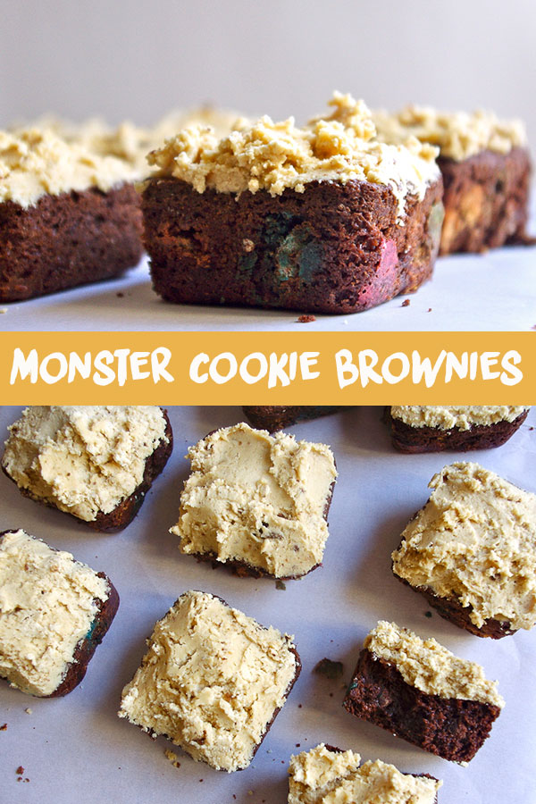 Monster Cookie Brownies - stuffed with peanut butter chips and M&Ms, and covered in peanut butter oatmeal cookie dough frosting #peanutbutter #monstercookies #brownies | www.thebatterthickens.com