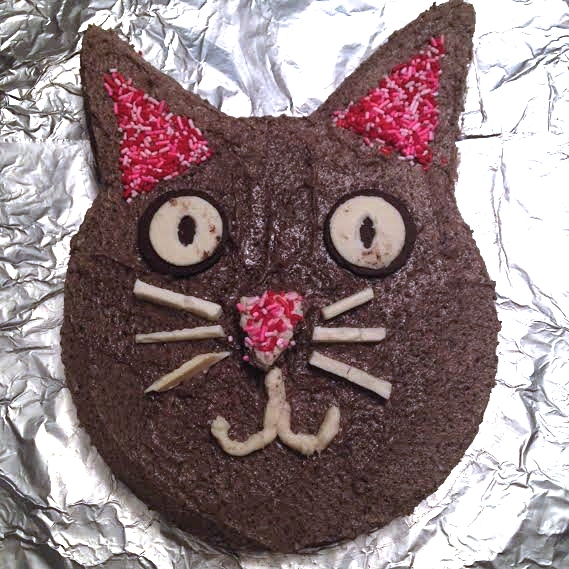 Funfetti cake shaped and decorated like a cat