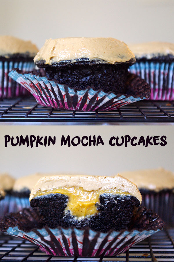 Pumpkin Mocha Cupcakes - moist chocolate cupcakes filled with pumpkin ganache and frosted with a coffee buttercream #pumpkin #cupcakes #mocha | www.thebatterthickens.com