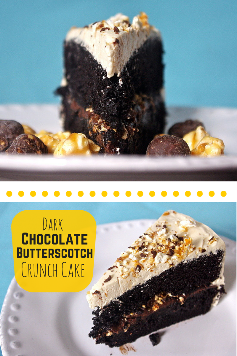 Dark Chocolate Butterscotch Crunch Cake is salty, crunchy, caramel-y, chocolatey heaven in the form of a butterscotch devil's food poke cake with butterscotch chocolate ganache and butterscotch buttercream | www.thebatterthickens #butterscotch #pokecake