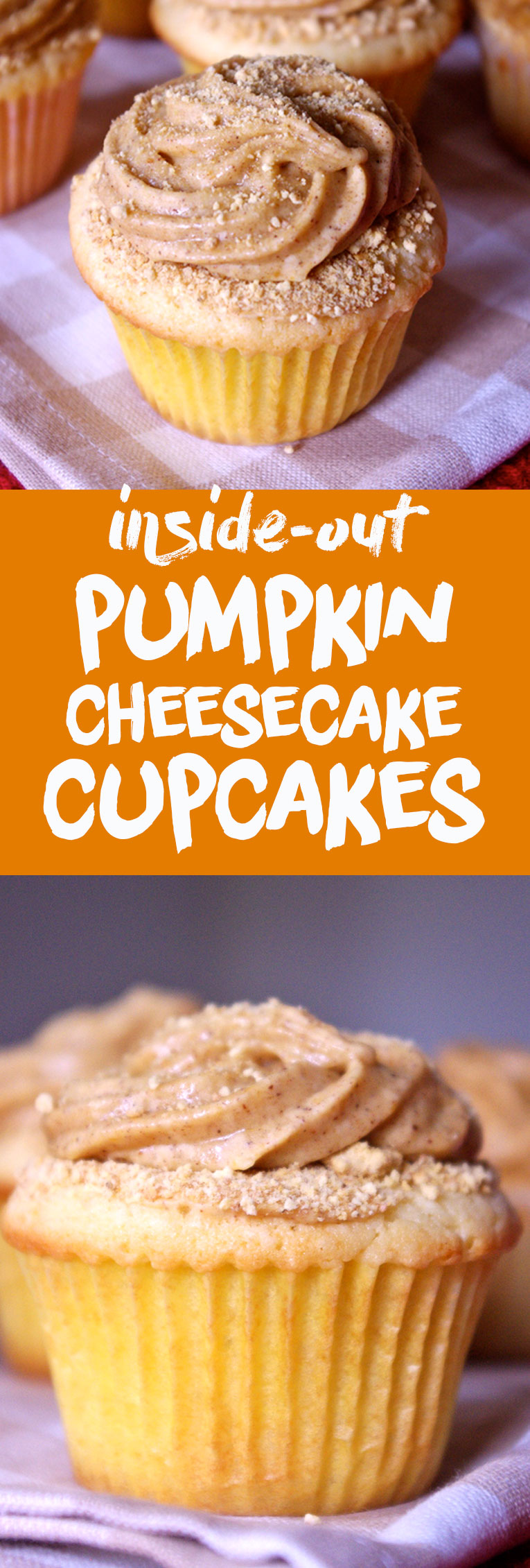 Reverse Pumpkin Cheesecake Cupcakes have a dense cheesecake cupcake with creamy pumpkin frosting and a sprinkle of graham cracker crumbs | www.thebatterthickens.com