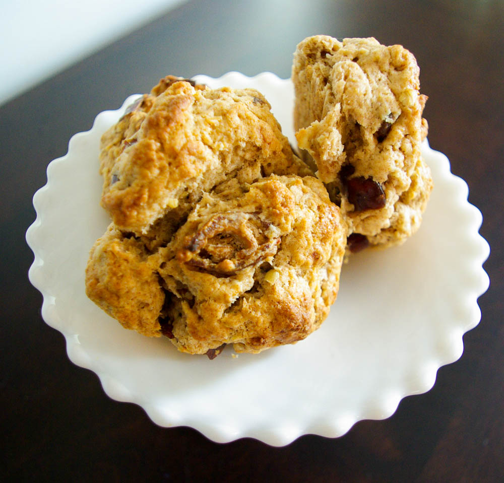 Maple Date Scones for your afternoon tea table, made with whole wheat flour, oats, maple syrup, and dates - www.thebatterthickens.com