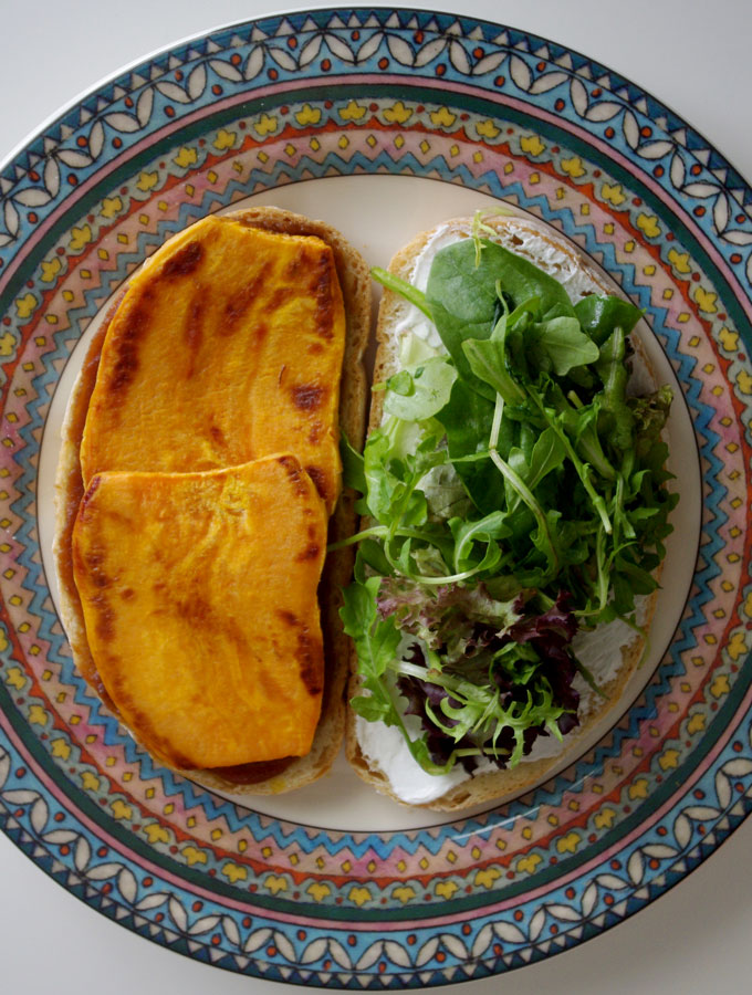 Harvest Sweet Potato Sandwich with Apple Butter and Goat Cheese | www.thebatterthickens.com | @thebatterthickens