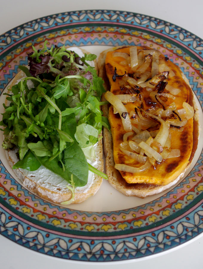 Harvest Sweet Potato Sandwich with Apple Butter and Goat Cheese | www.thebatterthickens.com | @thebatterthickens