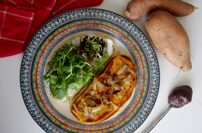 Harvest Sweet Potato Sandwich with Apple Butter and Goat Cheese | www.thebatterthickens.com | @thebatterthickens