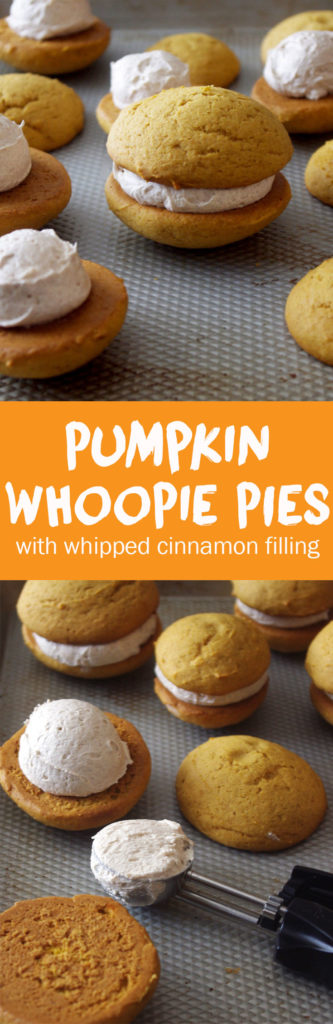 Pumpkin Whoopie Pies with Whipped Cinnamon Filling are soft, pillowy bundles of cinnamon sweetness and pumpkin goodness | www.thebatterthickens.com