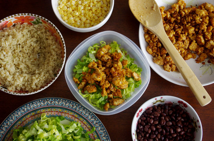 Tempeh Cauliflower Rice Burrito Bowls | these plant-based vegetarian burrito bowls are easy to make, full of flavor, and gluten-free! they're a great healthy lunch to bring to work or school | www.thebatterthickens.com