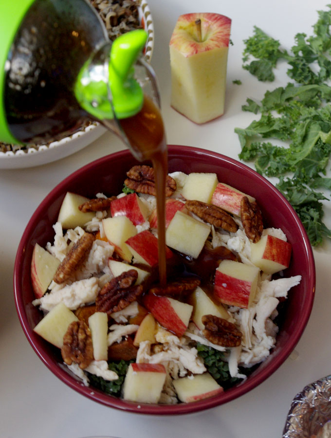 Fall Harvest Bowl - wild rice, roasted sweet potatoes, kale, apples, and goat cheese | www.thebatterthickens #harvestbowl #sweetpotato #wildrice