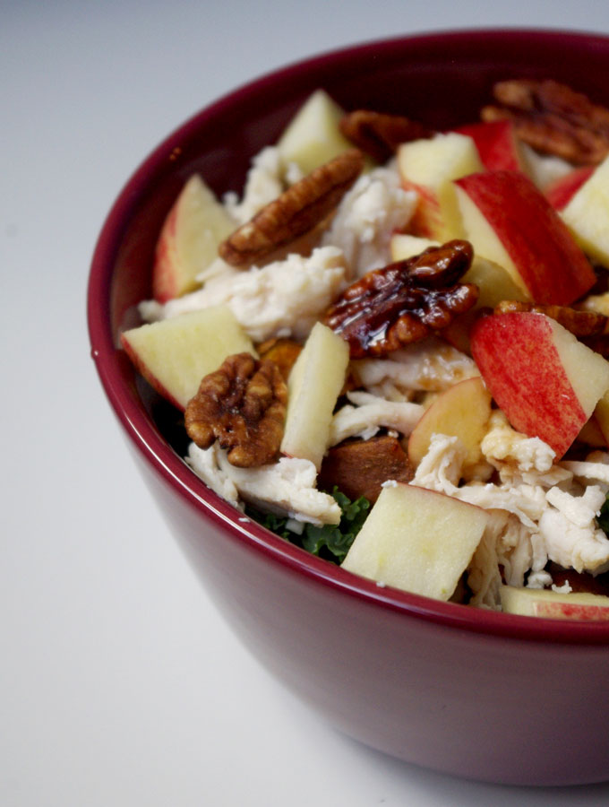 Fall Harvest Bowl - wild rice, roasted sweet potatoes, kale, apples, and goat cheese | www.thebatterthickens #harvestbowl #sweetpotato #wildrice