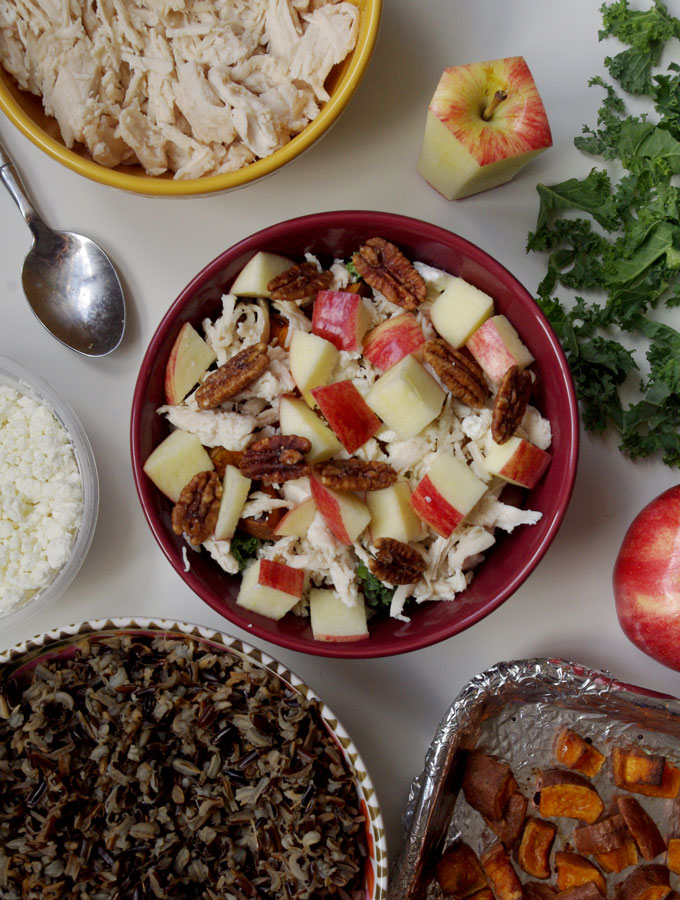 Fall Harvest Bowl - wild rice, roasted sweet potatoes, kale, apples, and goat cheese | www.thebatterthickens #harvestbowl #sweetpotato #wildrice