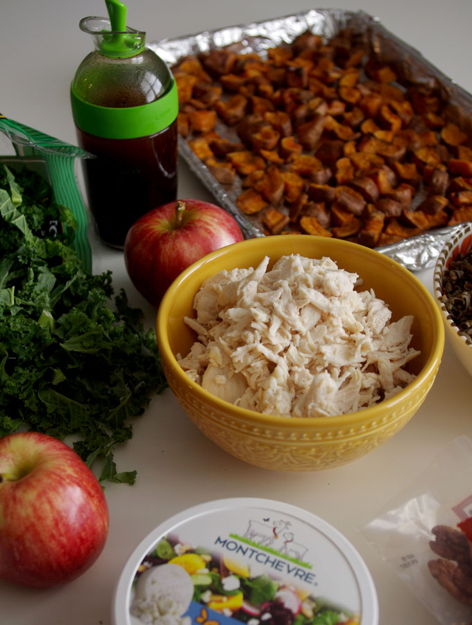 Fall Harvest Bowl - wild rice, roasted sweet potatoes, kale, apples, and goat cheese | www.thebatterthickens #harvestbowl #sweetpotato #wildrice