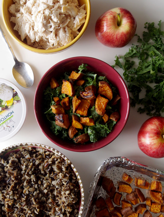 Fall Harvest Bowl - wild rice, roasted sweet potatoes, kale, apples, and goat cheese | www.thebatterthickens #harvestbowl #sweetpotato #wildrice