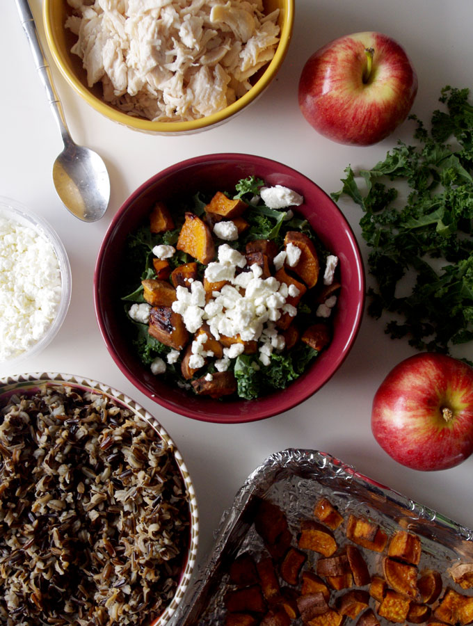 Fall Harvest Bowl - wild rice, roasted sweet potatoes, kale, apples, and goat cheese | www.thebatterthickens #harvestbowl #sweetpotato #wildrice