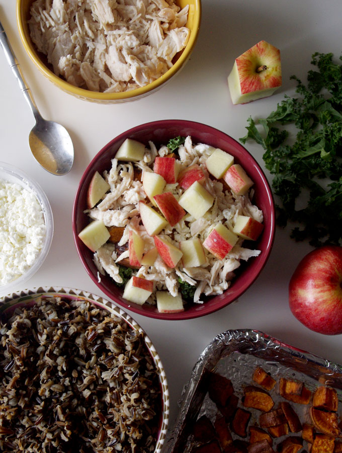 Fall Harvest Bowl - wild rice, roasted sweet potatoes, kale, apples, and goat cheese | www.thebatterthickens #harvestbowl #sweetpotato #wildrice