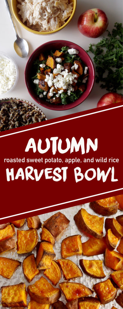 Fall Harvest Bowl - wild rice, roasted sweet potatoes, kale, apples, and goat cheese | www.thebatterthickens #harvestbowl #sweetpotato #wildrice