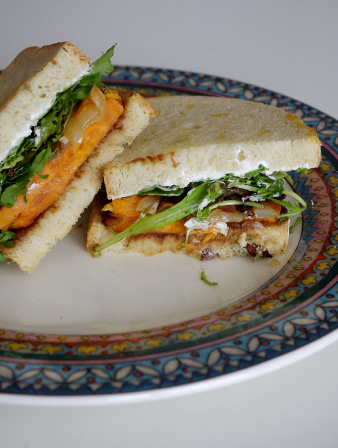 Harvest Sweet Potato Sandwich with Apple Butter and Goat Cheese | www.thebatterthickens.com | @thebatterthickens