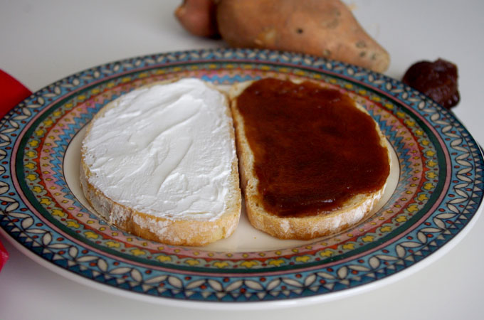 Harvest Sweet Potato Sandwich with Apple Butter and Goat Cheese | www.thebatterthickens.com | @thebatterthickens