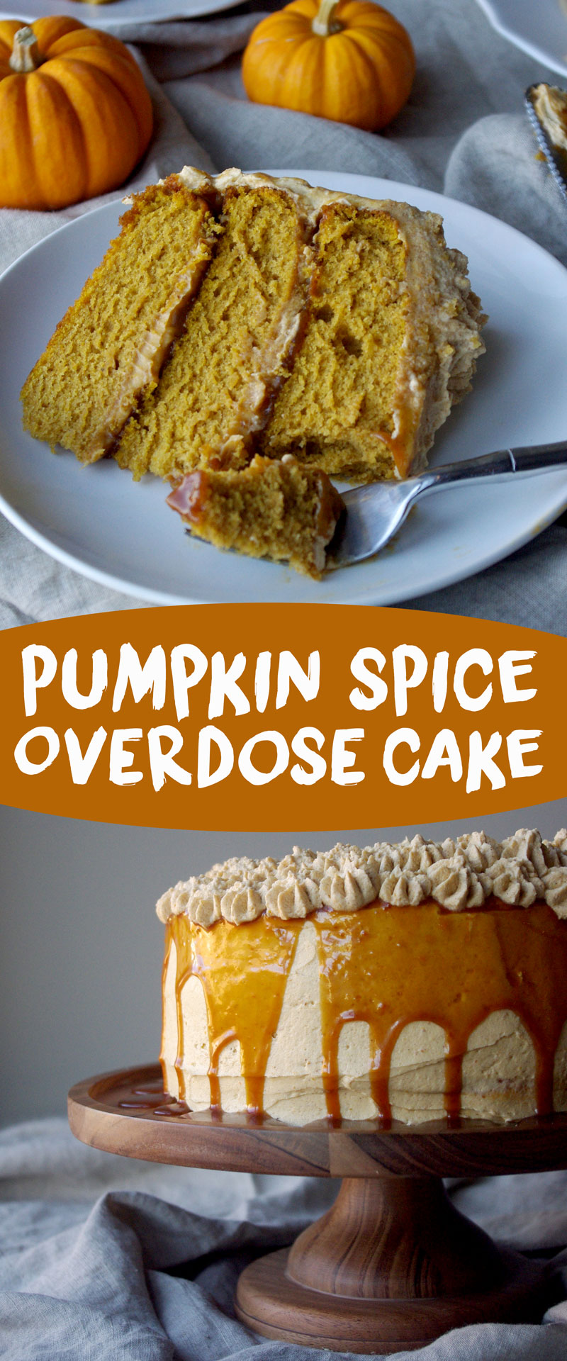 Pumpkin Spice Overdose Cake - 3 layers of soft pumpkin cake filled with pumpkin ganache and pumpkin salted caramel with pumpkin frosting and decorated with pumpkin whipped cream, aka ALL THE PUMPKIN! | www.thebatterthickens.com 