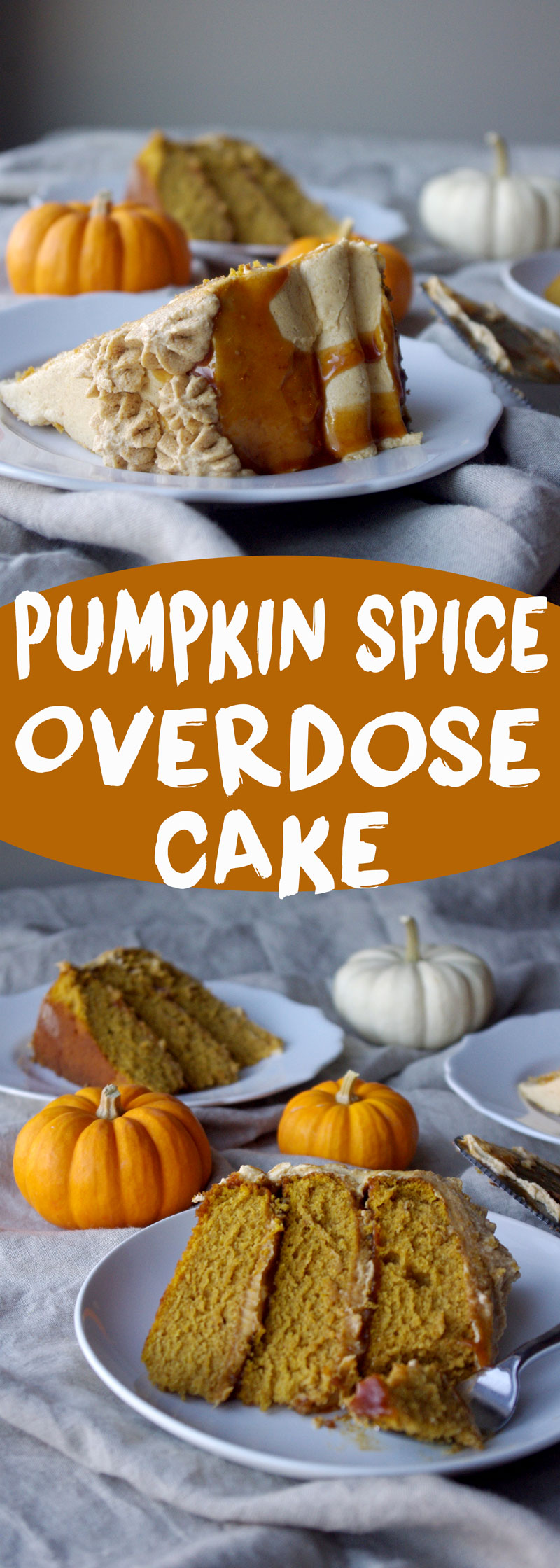 Pumpkin Spice Overdose Cake - 3 layers of soft pumpkin cake filled with pumpkin ganache and pumpkin salted caramel with pumpkin frosting and decorated with pumpkin whipped cream, aka ALL THE PUMPKIN! | www.thebatterthickens.com 