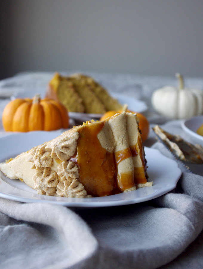 Pumpkin Spice Overdose Cake - 3 layers of soft pumpkin cake filled with pumpkin ganache and pumpkin salted caramel with pumpkin frosting and decorated with pumpkin whipped cream, aka ALL THE PUMPKIN! | www.thebatterthickens.com 