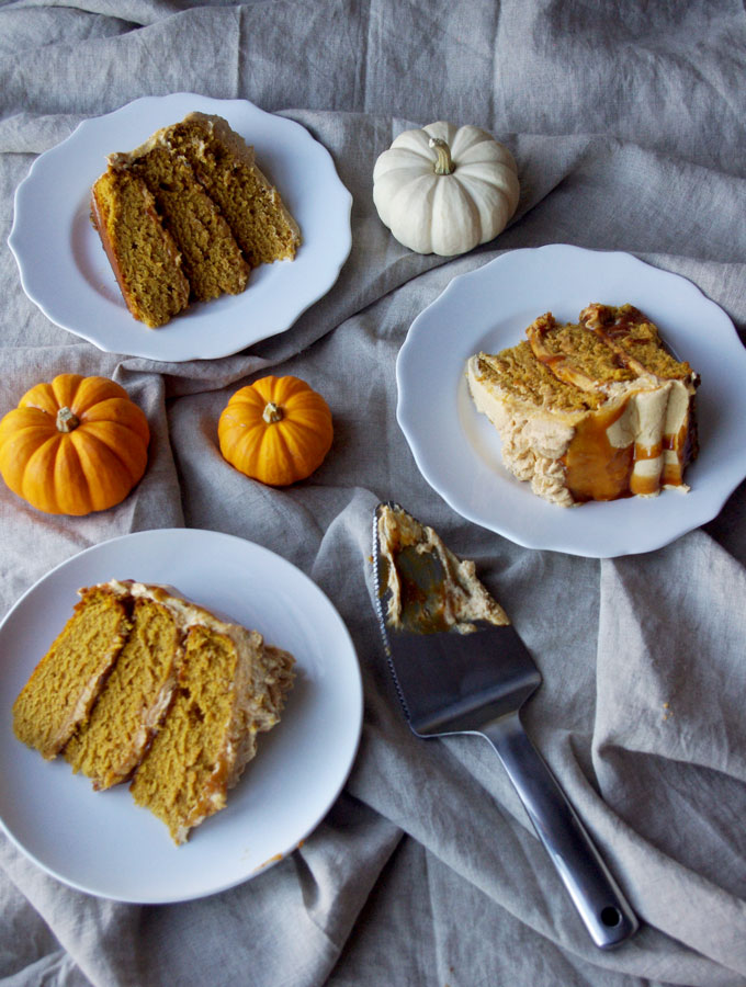 Pumpkin Spice Overdose Cake - 3 layers of soft pumpkin cake filled with pumpkin ganache and pumpkin salted caramel with pumpkin frosting and decorated with pumpkin whipped cream, aka ALL THE PUMPKIN! | www.thebatterthickens.com 