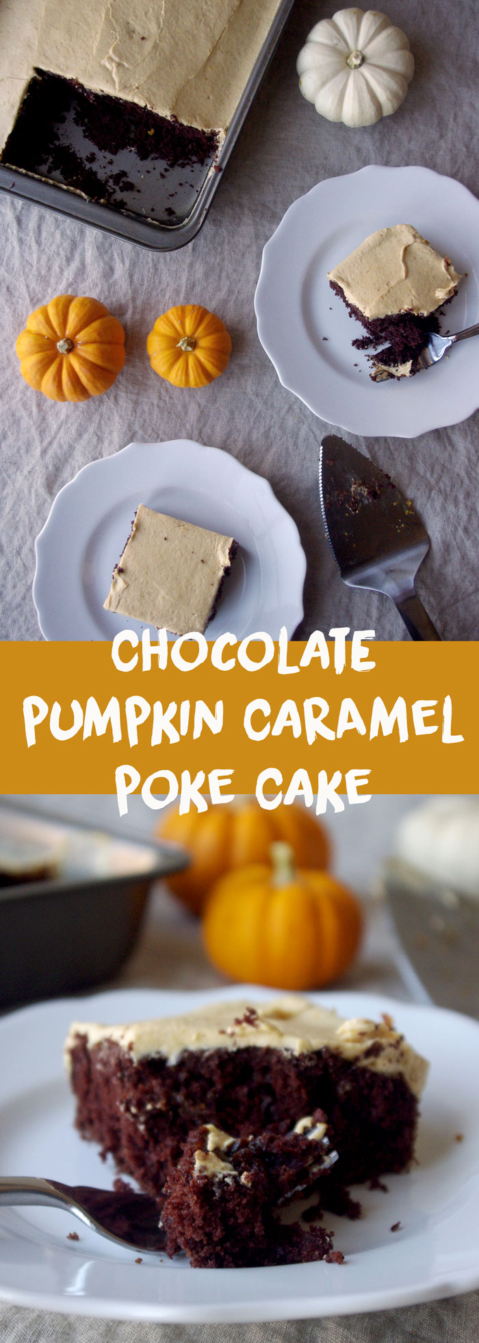 Chocolate Pumpkin Caramel Poke Cake - made with box chocolate cake, this #pumpkin #caramel poke cake is so easy to make but tastes completely homemade, and will delight family and guests throughout the holiday season! | www.thebatterthickens.com