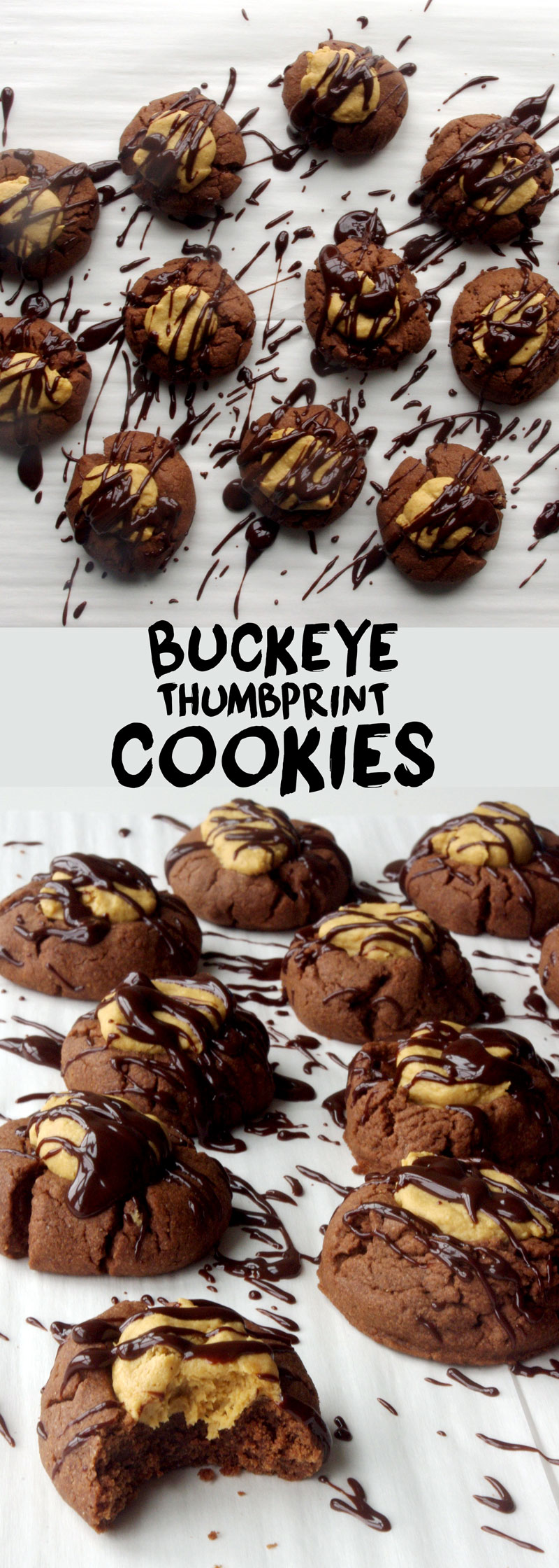 Buckeye Thumbprint Cookies - dense chocolate cookie base topped with a sweet peanut peanut butter ball and drizzled with bittersweet chocolate | www.thebatterthickens.com