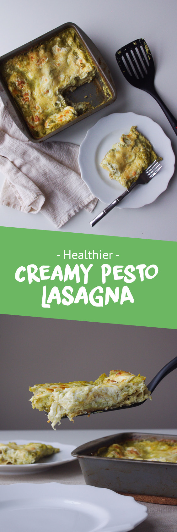 Healthier Creamy Pesto Lasagna - a lighter take on creamy pesto lasagna using cottage cheese and whole wheat noodles | www.thebatterthickens.com
