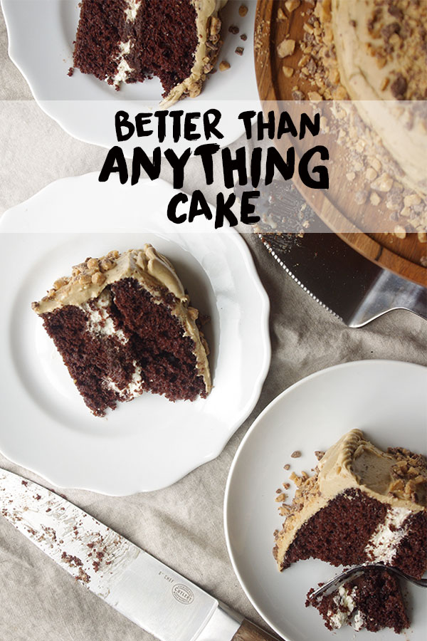 Better Than Anything layer cake - decadent layers of devil's food cake, salty caramel sauce, chocolate ganache, and whipped cream all made from scratch #betterthansex #cake #saltedcaramel #devilsfood #frosting | www.thebatterthickens.com