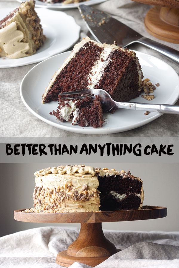 Better Than Anything layer cake - decadent layers of devil's food cake, salty caramel sauce, chocolate ganache, and whipped cream all made from scratch #betterthansex #cake #saltedcaramel #devilsfood #frosting | www.thebatterthickens.com