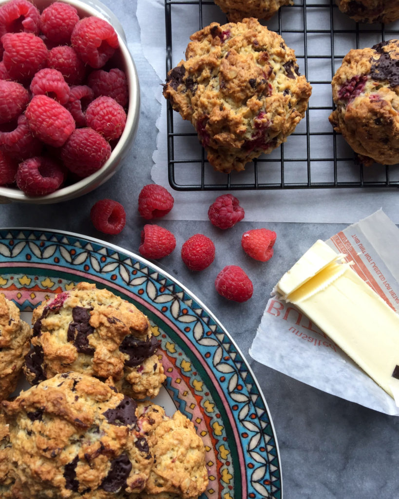 Oatmeal Raspberry Dark Chocolate Scones - oatmeal scones with fresh raspberries and dark chocolate shavings are a wonderful breakfast treat #scones #breakfast #raspberries | www.thebatterthickens.com