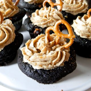 Chocolate Butterscotch Cupcakes with Pretzel Frosting