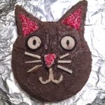 Funfetti cake shaped and decorated like a cat