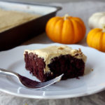 Chocolate Pumpkin Caramel Poke Cake - made with box chocolate cake, this #pumpkin #caramel poke cake is so easy to make but tastes completely homemade, and will delight family and guests throughout the holiday season! | www.thebatterthickens.com